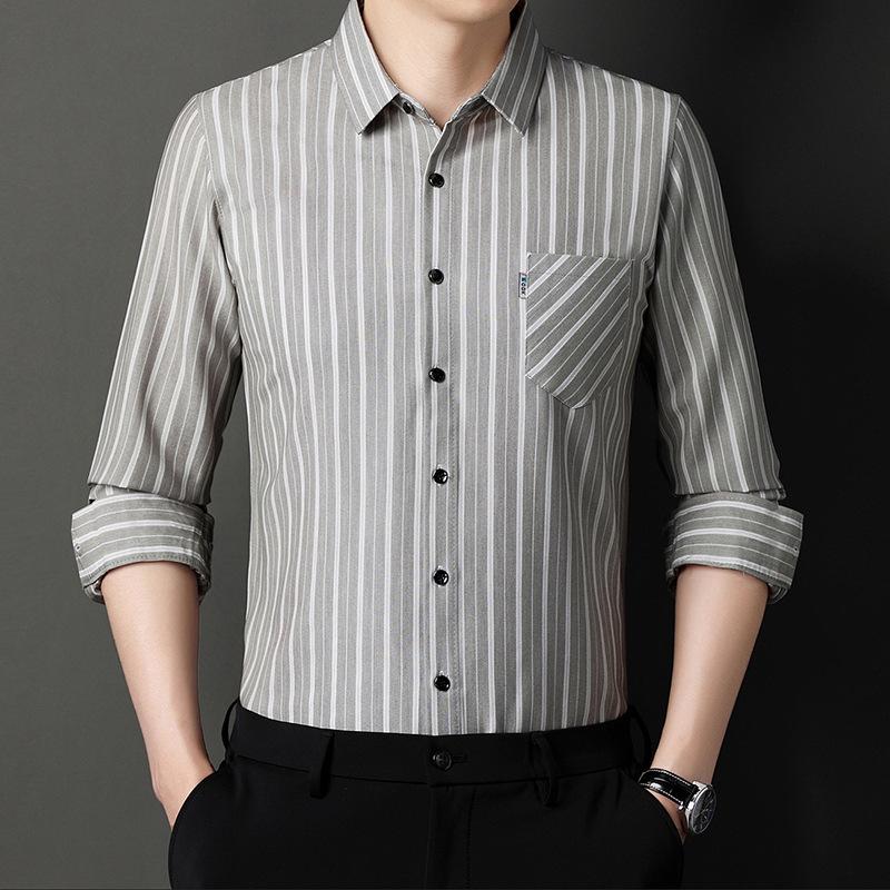 Spring and Autumn Men's Long-sleeved Cotton and Linen Shirts Middle-aged Striped Casual Men's Real Pocket Linen Shirts