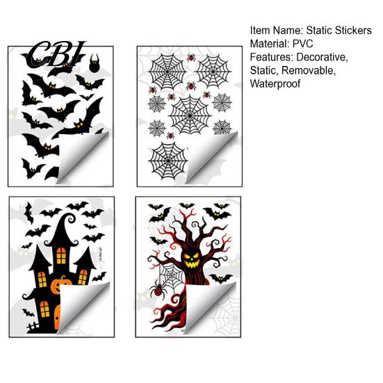Outdoor Glass Ornament 4Pcs Halloween Static Window Stickers, PVC Waterproof Decals for Doors, Haunted House Easy Application Bat Spider Web