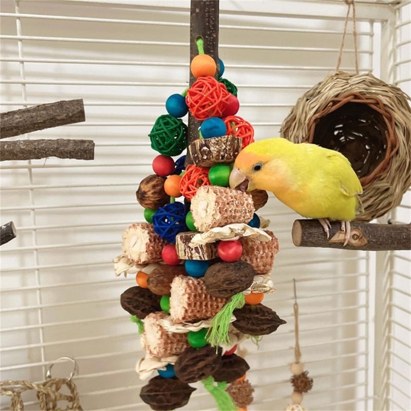 Parrots Toy Birdcage Tearing Rope Toy Multi-Colored Wooden Block Chewing Toy for Medium Large Birds Birdcage Hanging Toy