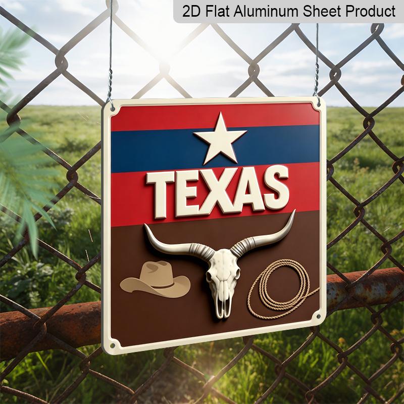 2D Flat- 1pc, Vintage Square Aluminum Sign with Longhorn Skull and Rope Elements, Themed Decoration Patio or Study, Rustic Display