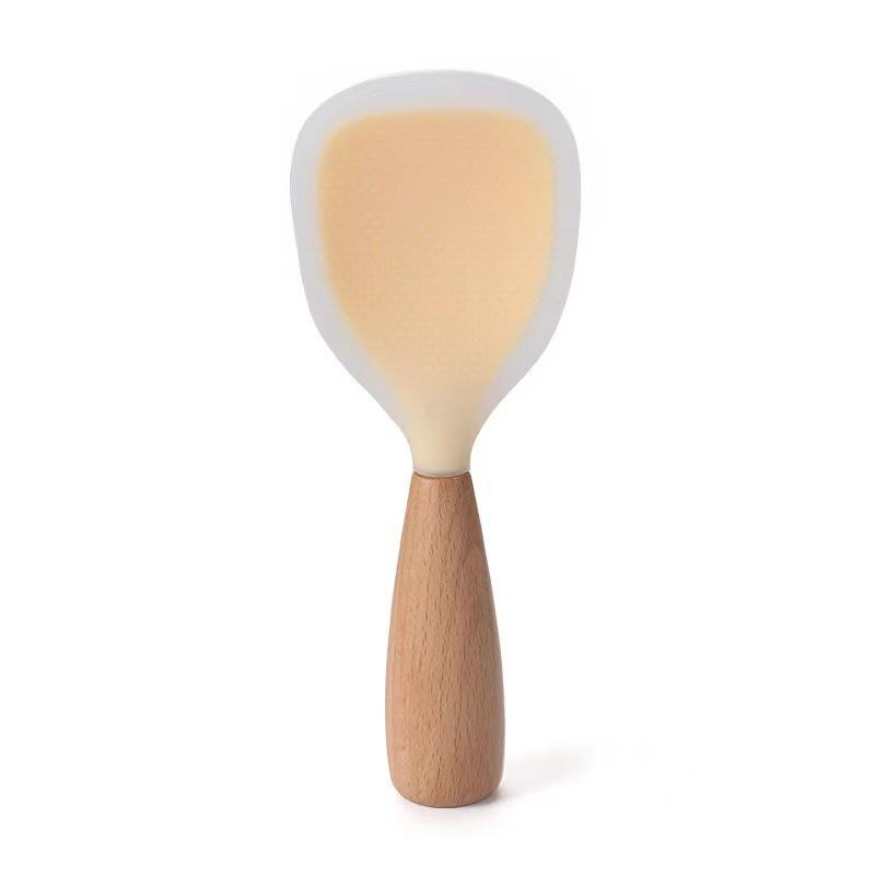 Silicone Non-stick Rice Spoon with Wooden Handle - Standable Rice Cooker Spatula for Home Use. Patterned