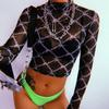 Mesh T Shirt Femme Sexy Langarm Crop Top Kette Print T Shirt Frauen Streetwear Vintage Fishnet top T-shirt Neue ankunft