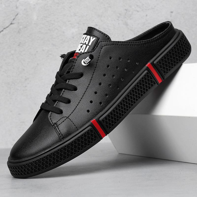 

Мужская обувь дышащая, без каблука, маленькие белые туфли, мужские кеды, тренд из двухслойной коровьей кожи, повседневная, ленивая, наполовину тапочки, крутая 46