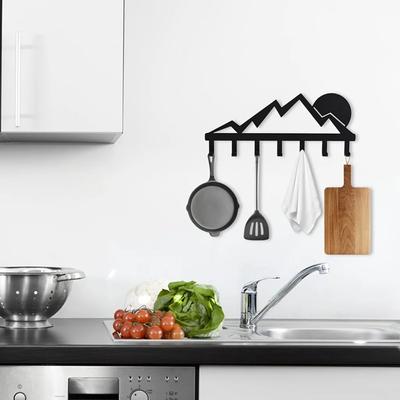 Mountain Metal Key Holder with 7 Hooks - Sunset Scenery Black Iron Wall Mounted Decorative Rack