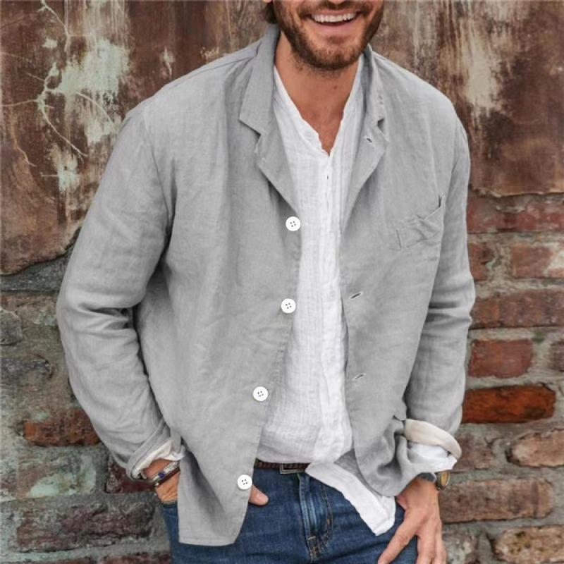 Men Khaki Linen Blazer Notched Lapel Single Breasted Chest Pocket Casual Lightweight Jacket