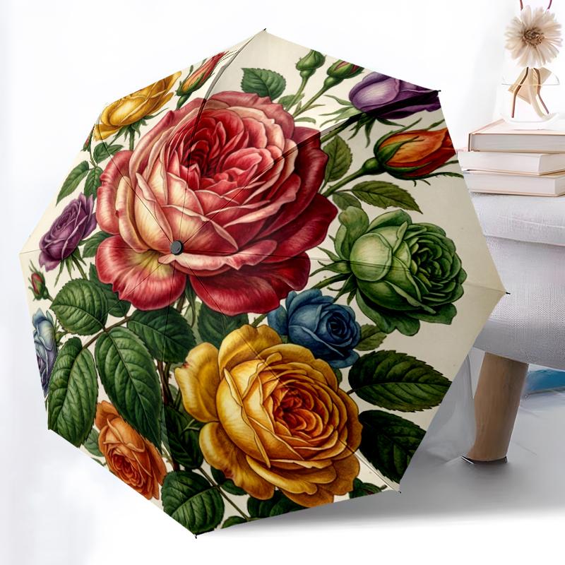 1pc Sturdy 8-Bone Auto Umbrella, Mixed Rose Bouquet Umbrella, Digital Printed, Foldable Umbrella for On-the-Go Outdoor Use