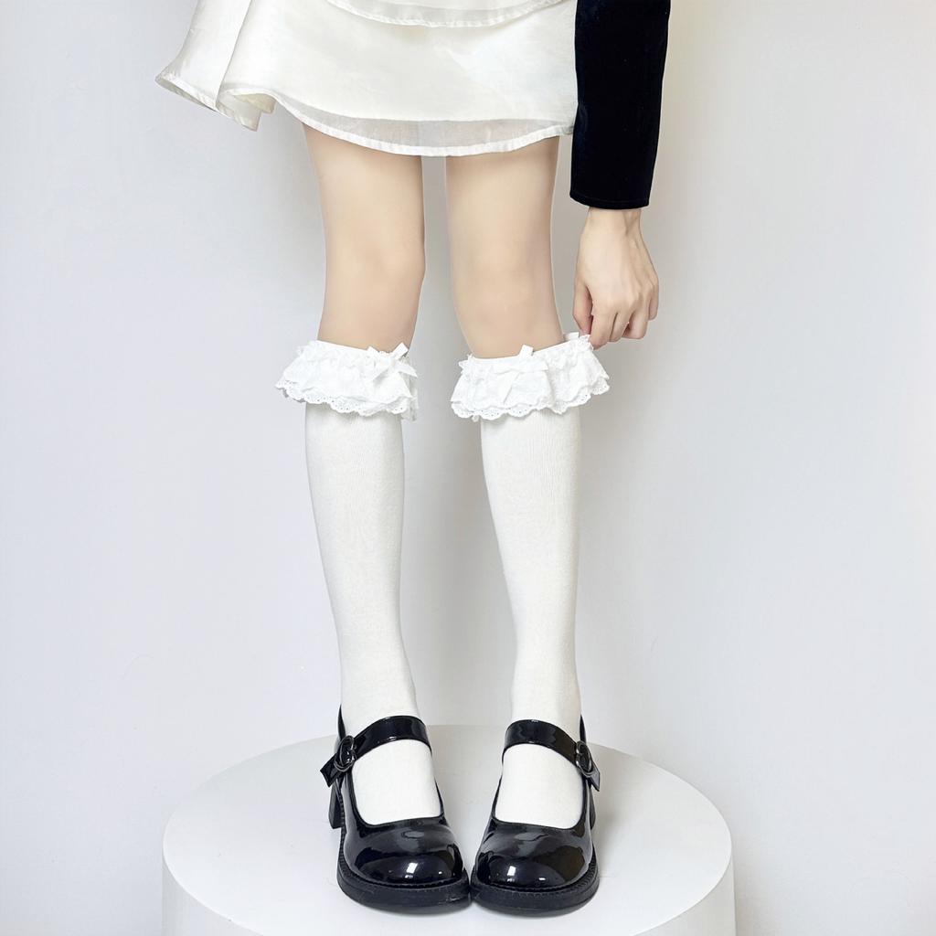 Lolita Rose Lace Mid-Calf Socks for Women lolita Lace bow in Japanese style jk White calf socks for spring and autumn