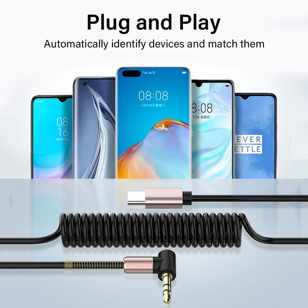 Type C Audio Cable USB C To 3.5mm Jack Aux Audio Adapter For Headphone Headset Speaker Type-C Converter Car Spring Coiled Wire