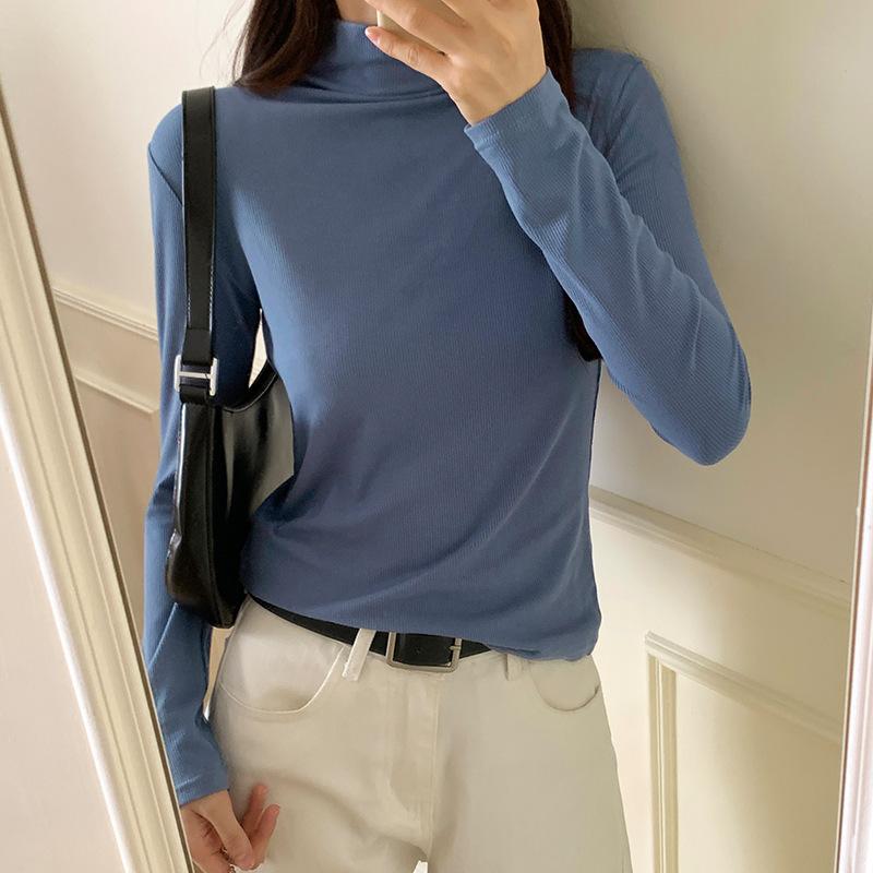 Geripptes Halbrollkragen-Unterhemd für Damen, Frühherbst Neu, Langarm-T-Shirt, Elastisch, Figurbetont, Weich, Wachsartig, Innentop