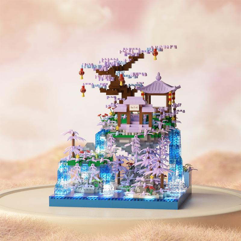 Fairy Pavilion Cherry Blossom Treehouse with Peach Blossom Pond - Creative Ancient Style Building Block Ornament, Handmade Assembly Scene.