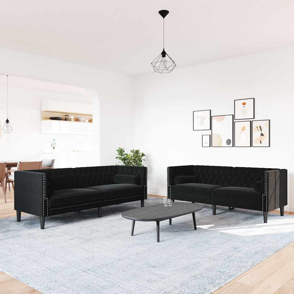 Vidaxl 2-Cz. Wypoczynek Chesterfield Z Wałkami, Czarny, Aksamit