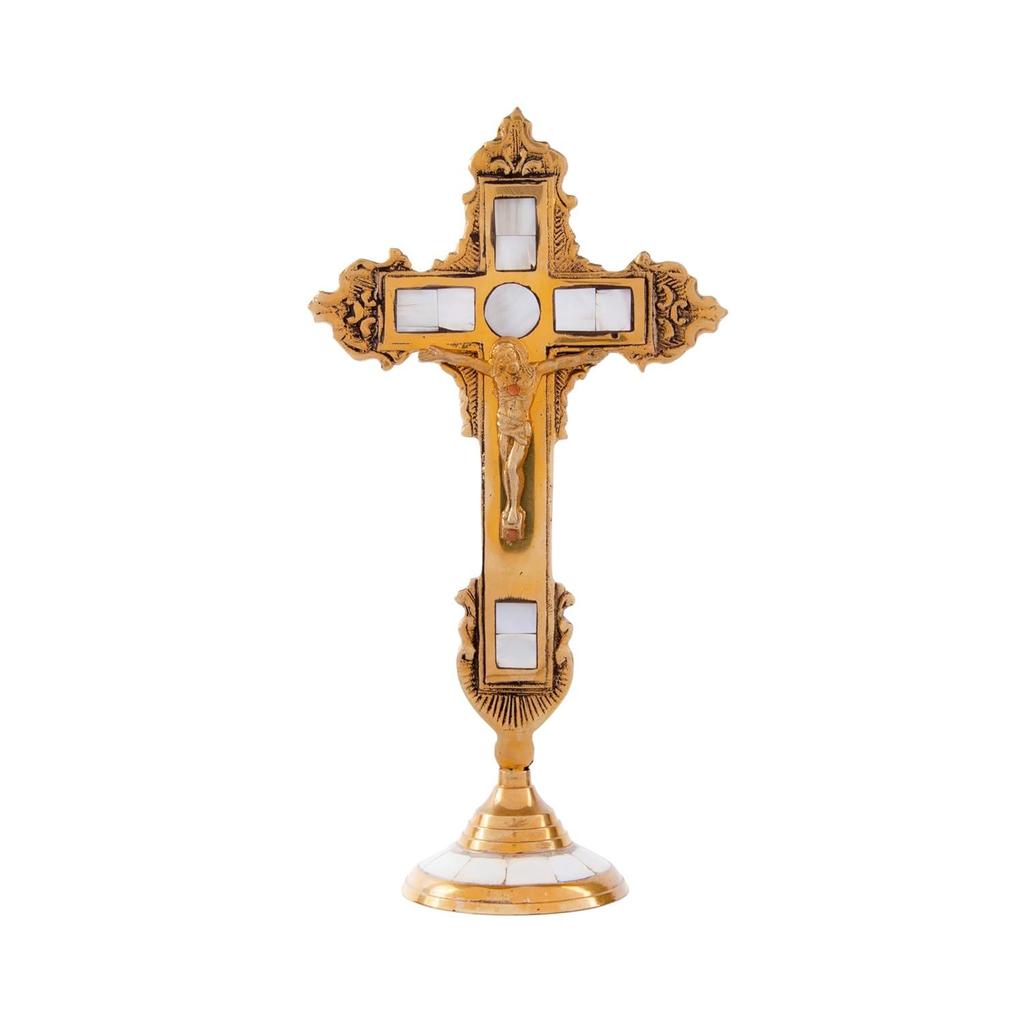 Traditional Stone Studded Orthodox Holy Cross Brass Jesus Christ Statue Catholic Crucifix for Home Church and Chapel Decoration Statue