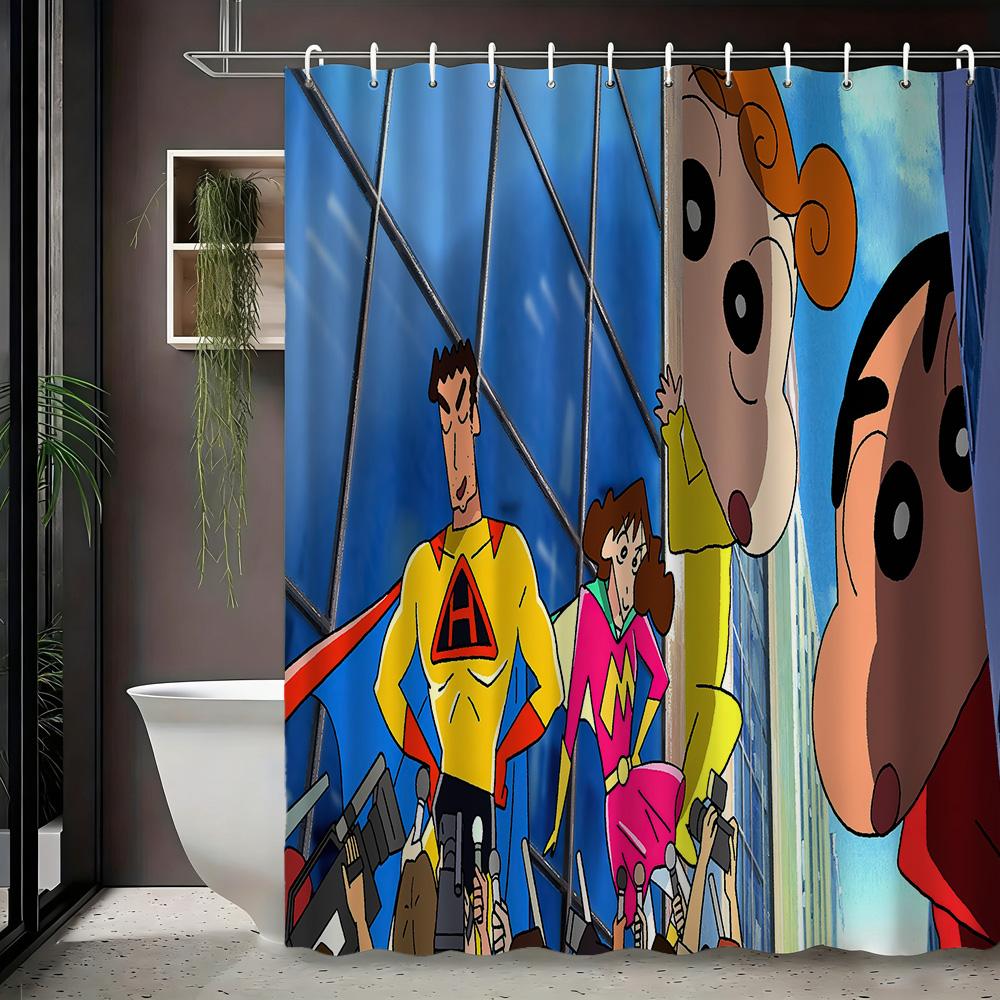 Crayon Shin-Chan & Himawari Superhero Press Conference Scene 2D Print Waterproof Shower Curtain, Blue Cityscape Bathroom Decor W