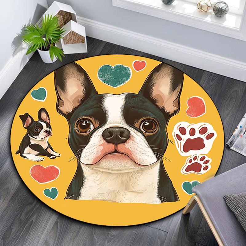 Okrągły dywanik z buldogiem francuskim, Dywanik do salonu, sypialni, przy sofie, pokoju zabaw, Mata podłogowa antypoślizgowa