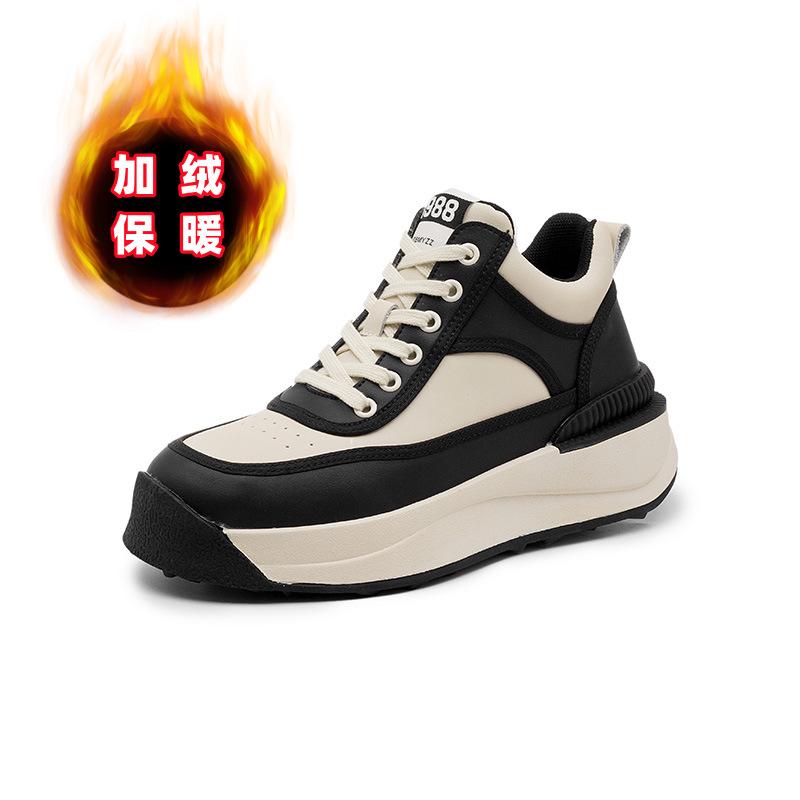 High-top Waffle Shoes Women's 2025 Autumn and Winter Velvet Warm Casual Forrest Gump Shoes Leather Thick-soled Heightening Sports Dad Shoes