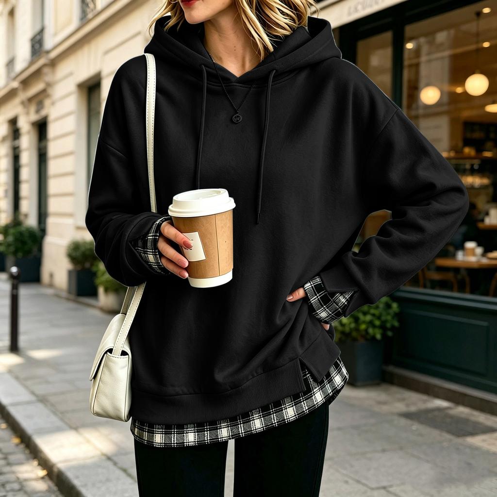 Women's Long Sleeve Striped Sweatshirt Casual Loose Fit Two Piece Look Top