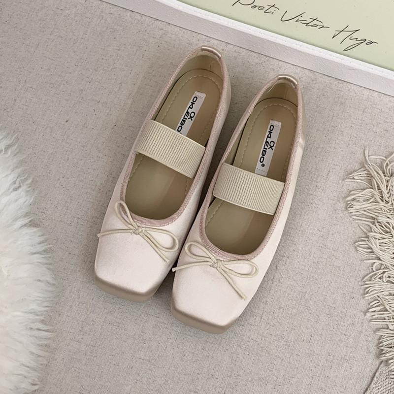 

Fashion IPPEUM Women Ballet Flats Satin Mary Janes Shoes Square Toe PU Leather Silver Ballerina Shoes 225