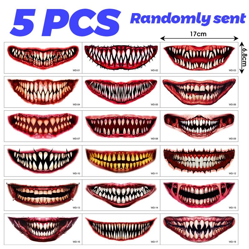 18 Style Randomly Sent Halloween Scary Big Mouth Temporary Tattoo Waterproof Long Lasting Do Not Stimulate Safety Tattoo Sticker