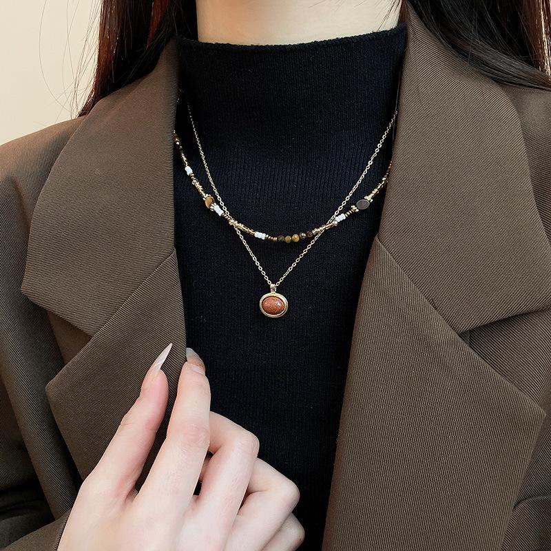 Retro Tiger Eye & Pearl Clavicle Necklace - Autumn/Winter Y2K Style