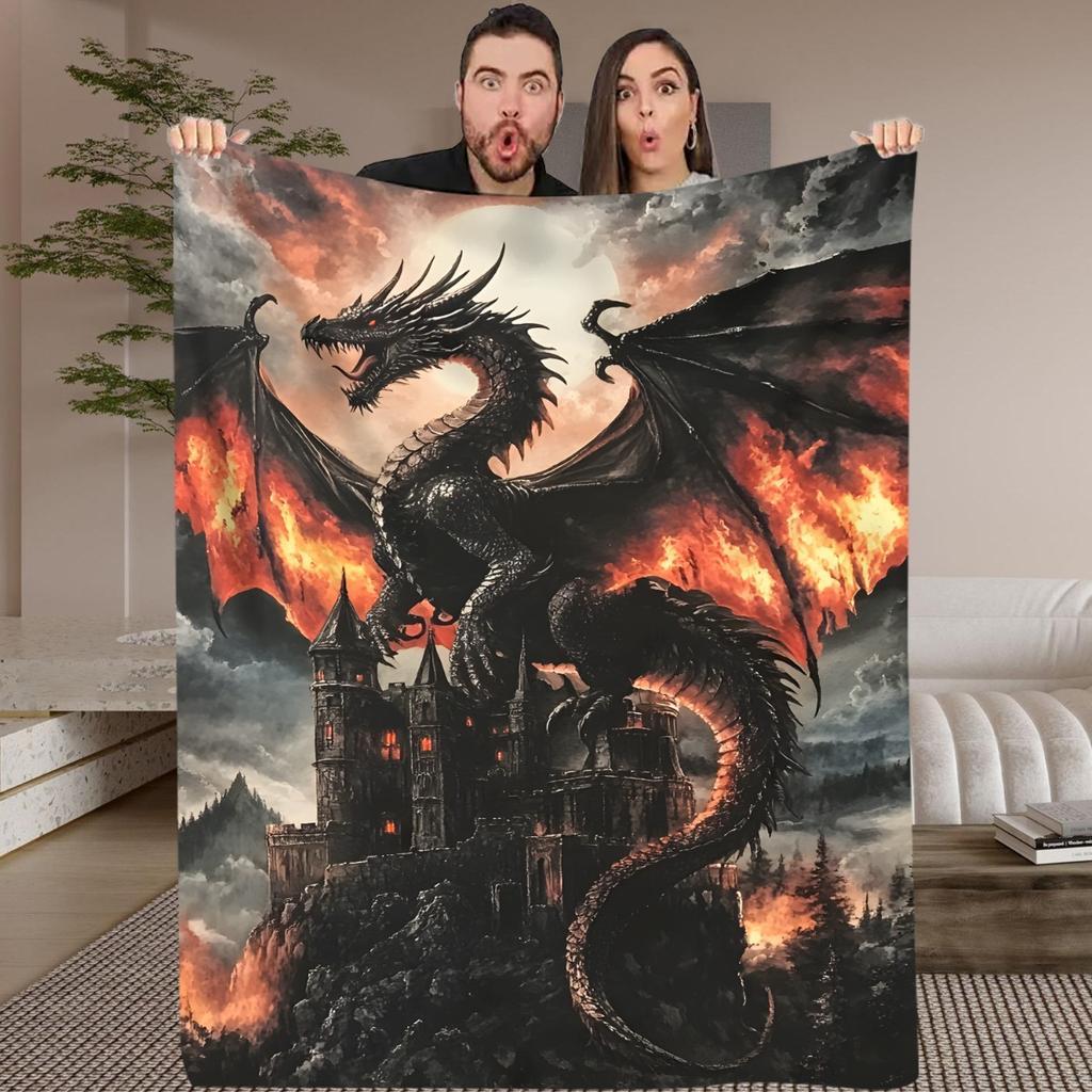 1pc Dragon and Castle Throw Blanket - Dark Gothic Castle & Dragon Design with Fiery Skies - Soft Flannel All-Season Blanket for