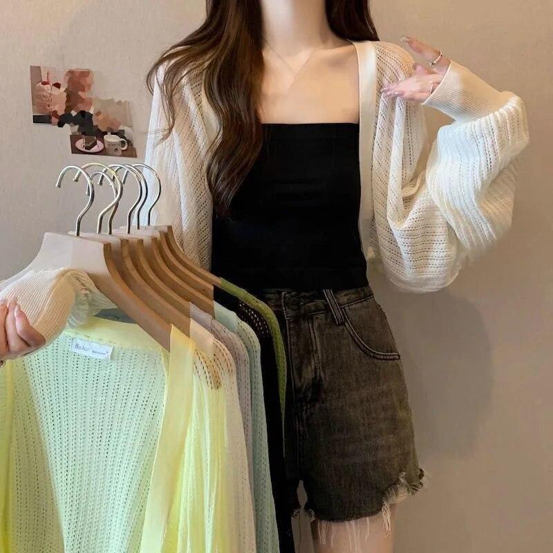 Lantern Sleeve Knit Cardigan Crochet Hollow Loose Women's Long Sleeve Thin Coat NewFashion Simple Casual Commuting Spring Autumn