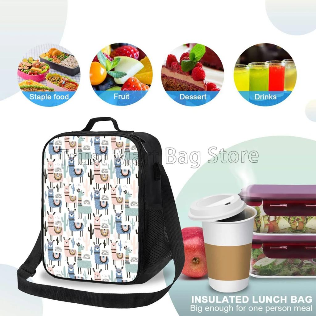 Cute Alpaca Animal Insulated Lunch Bag for School Work Office Picnic Llama Cactus Tote Lunch Box Containers with Shoulder Strap