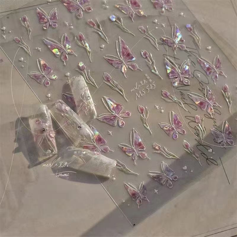 

Наклейка-бабочка, Ракушка, Легкая наклейка для нейл-арта, Кристаллический бриллиант, Розовый тюльпан, Французская чистая тисненая наклейка для украшения ногтей T104