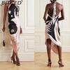 BITCED Women's Summer Sexy Halterneck Backless Printed Satin Holiday Beach Dress