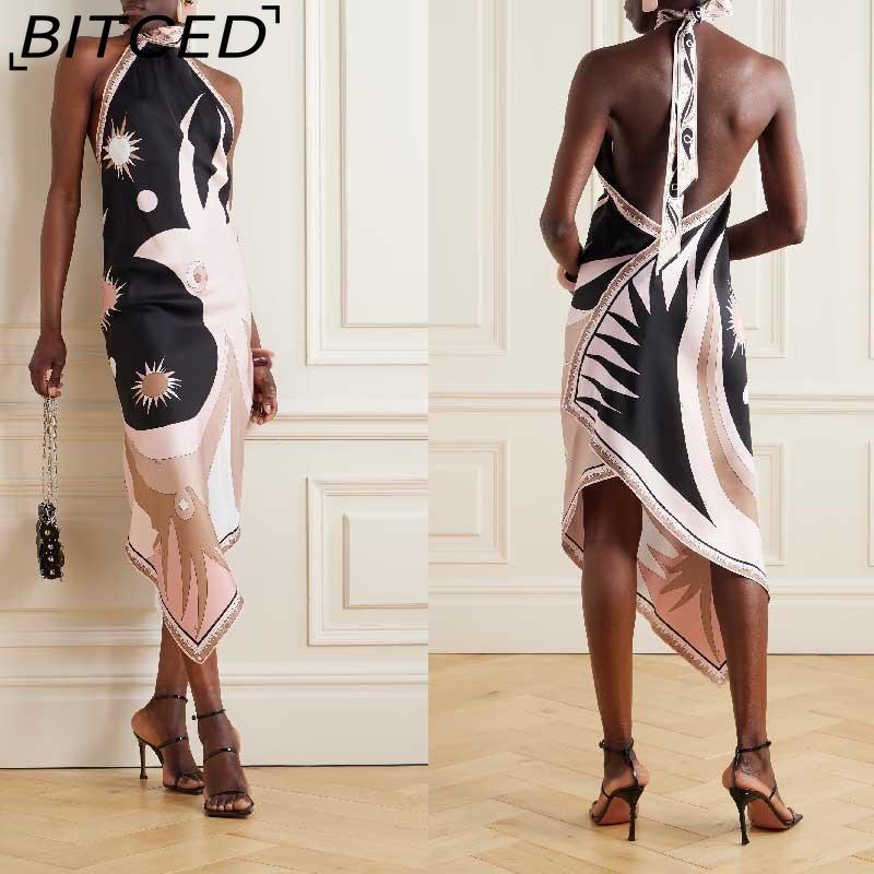 BITCED Women's Summer Sexy Halterneck Backless Printed Satin Holiday Beach Dress