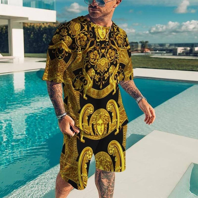 Summer New Men's 3D Printed Luxury Gold Pattern Fashion Casual Sportswear Short Sleeve T-shirt Set Men's T-shirt Two Piece Set