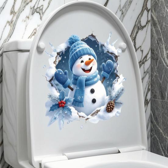 Holiday Glass Door Stickers Christmas Snowman Toilet Stickers, 3D Bathroom Wall Decals, Seat Decals Waterproof PVC Window Creative Decor Gift
