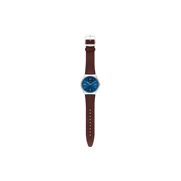 Swatch Skin Series Quartz Watch Brown Leather Strap 42mm Blue Dial Stainless Steel Case Unisex watches Silver SS07S101