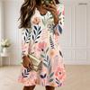 Women Plus Size Scalloped V Neck Long Sleeve Floral Printed Navy Blue Dress