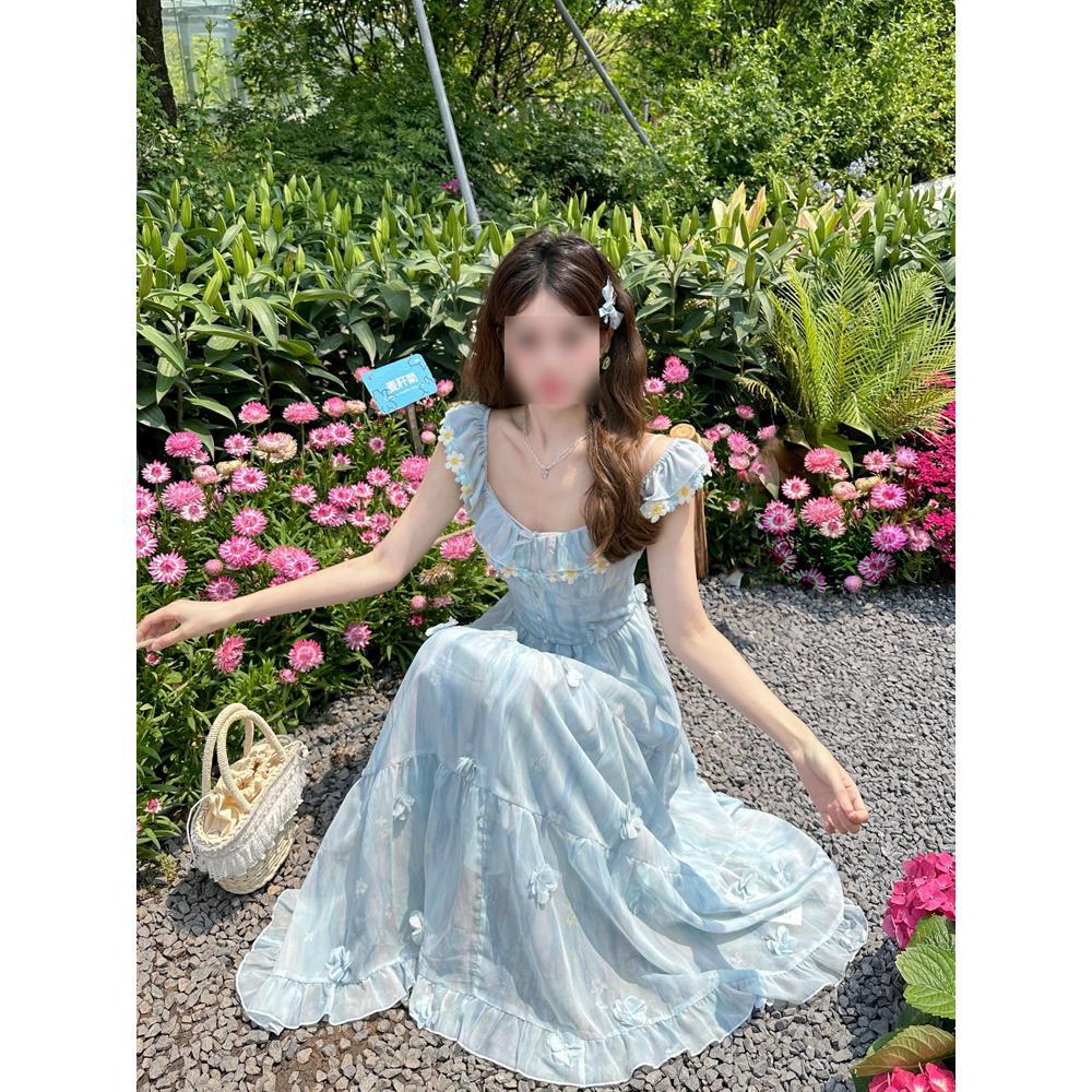 Retro A-shaped skirt skirt pure desire long square neck short sleeve waist dress women's summer