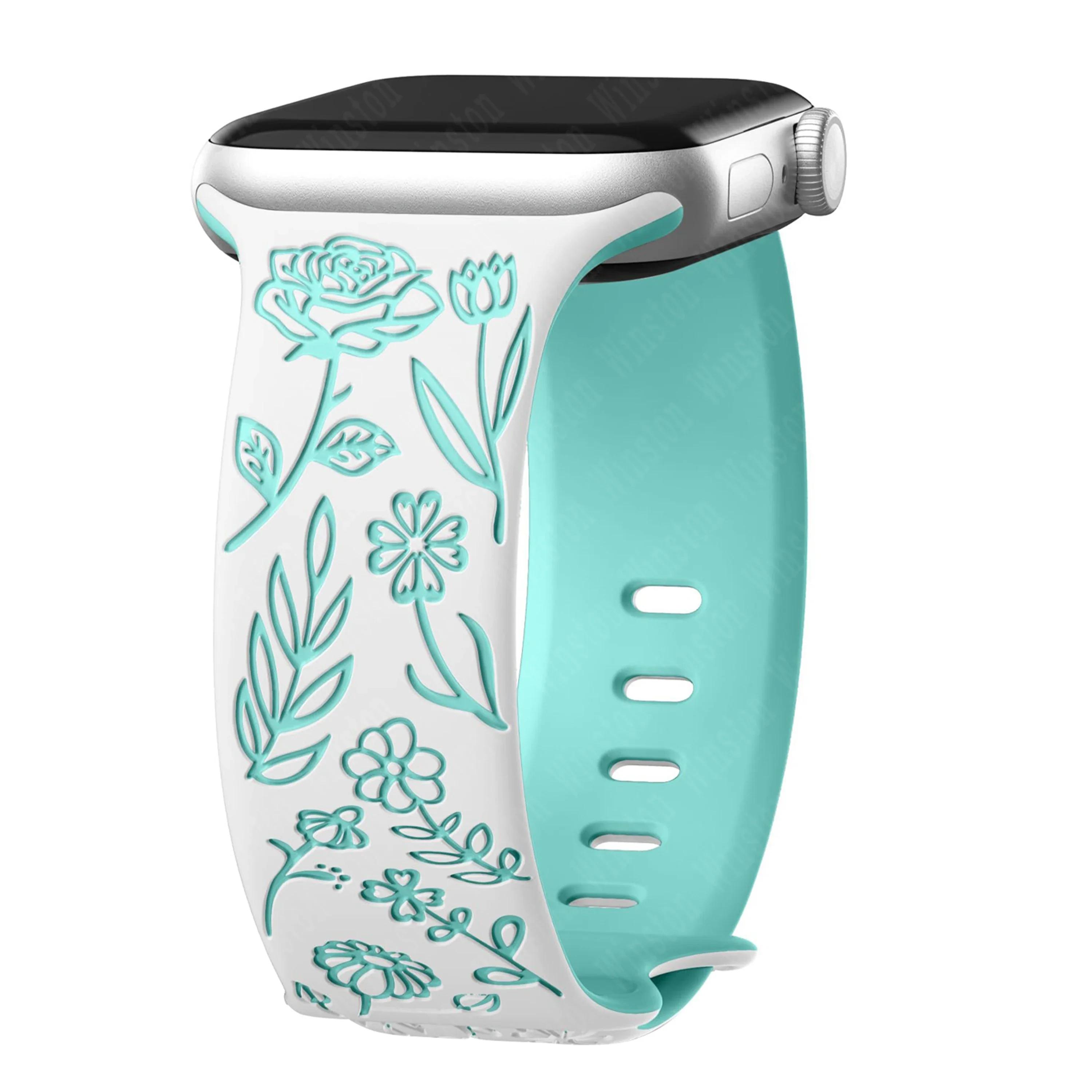 

Ремешок с гравировкой и цветочным узором для Apple Watch Band Ultra 2 49/ 46/ 45/ 44/ 40/ 42 мм, браслет IWatch Series 10 9 8 7 6 SE 5 4 38mm 40mm 41mm