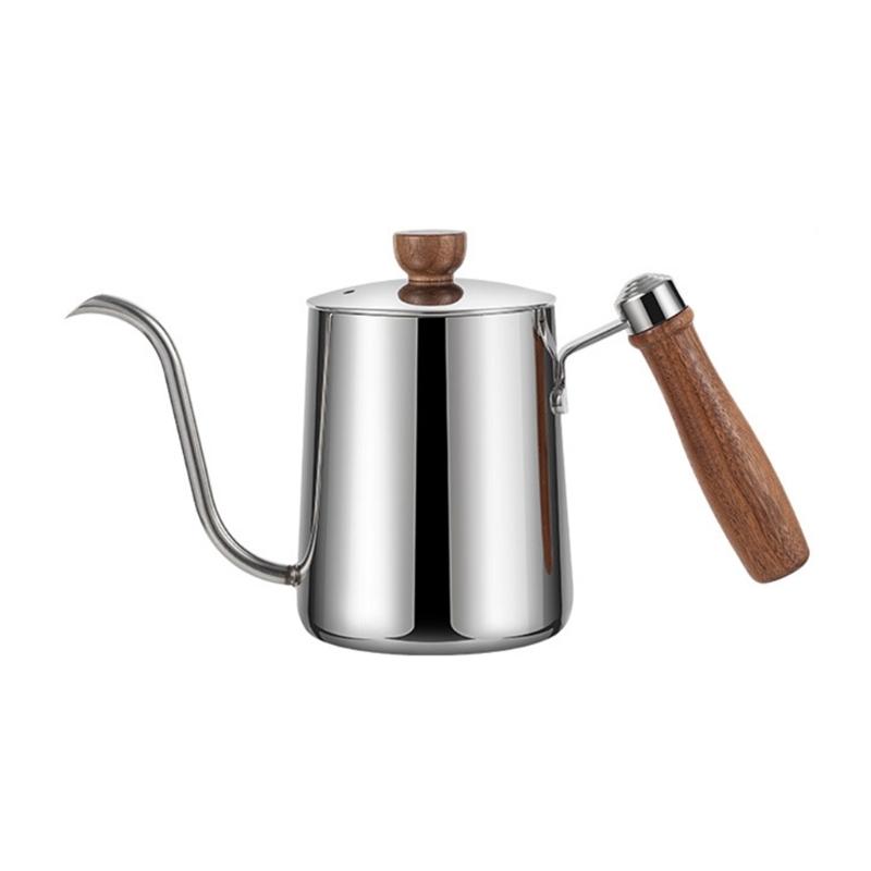 Bouilloire à Café en Acier Inoxydable 304 avec Bec Long Col de Cygne Capacité 600ML Théière avec Poignée en Bois Pour Contrôle Manuel des Gouttes