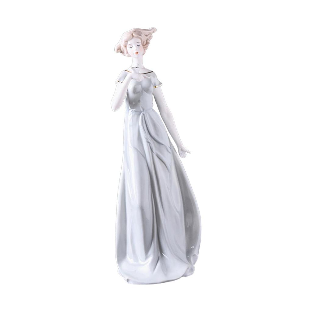 Porcelain Lady Statue Centerpiece Ornament Ceramic Girl Figurine for Living Room Shelf Fireplace Bedroom Housewarming Gift