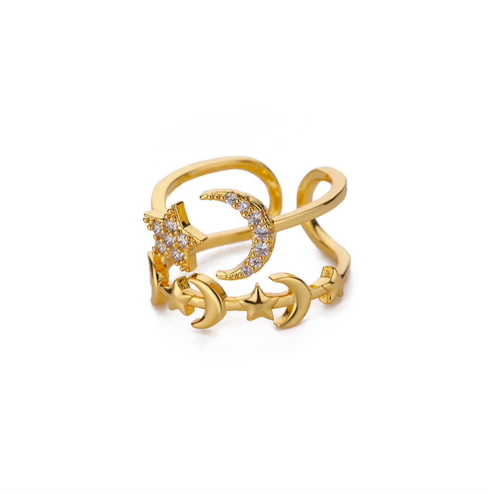 Zircon Star Moon Rings For Women Gold Adjustable Stainless Steel Moon Star Ring Wedding Aesthetic Party Jewelry Gift BFF