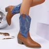 Color-blocked Embroidered Western Boots 2025 Autumn/winter New Pointed Toe Thick Heel Mid-heel Women's Boots
