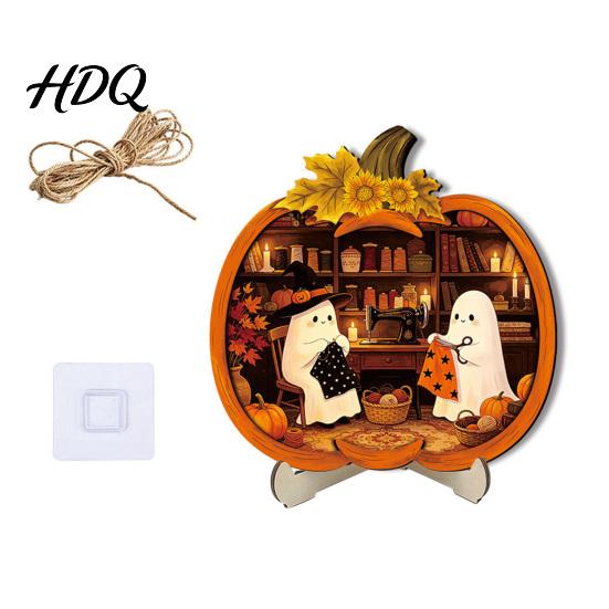 Durable Halloween Decorations Door Sign Glowing Ghost Hanging Decor Wooden LED Window Cool Patterned Ornaments Ornament for Party Spooky