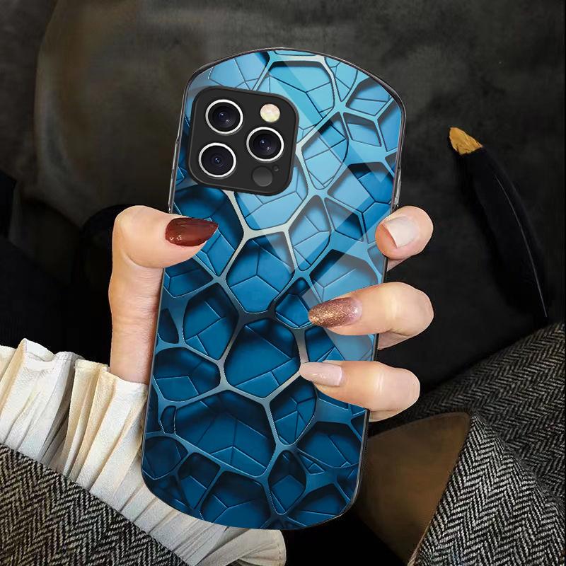 Cool Honeycomb Color For Iphone 11 12 13 14 15 16 Pro Max Plus Mini 7 8 Se 2020 X Xs Xr Elliptical Tempered Glass Phone Case