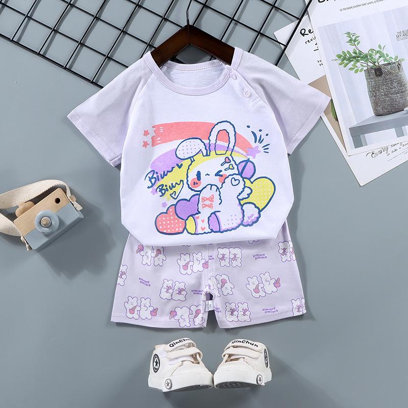 Set de pantaloni de tricou cu mânecă scurtă pentru copii de vară, cu mânecă scurtă, 2 bucăți, largi, din bumbac, ținută de desene animate