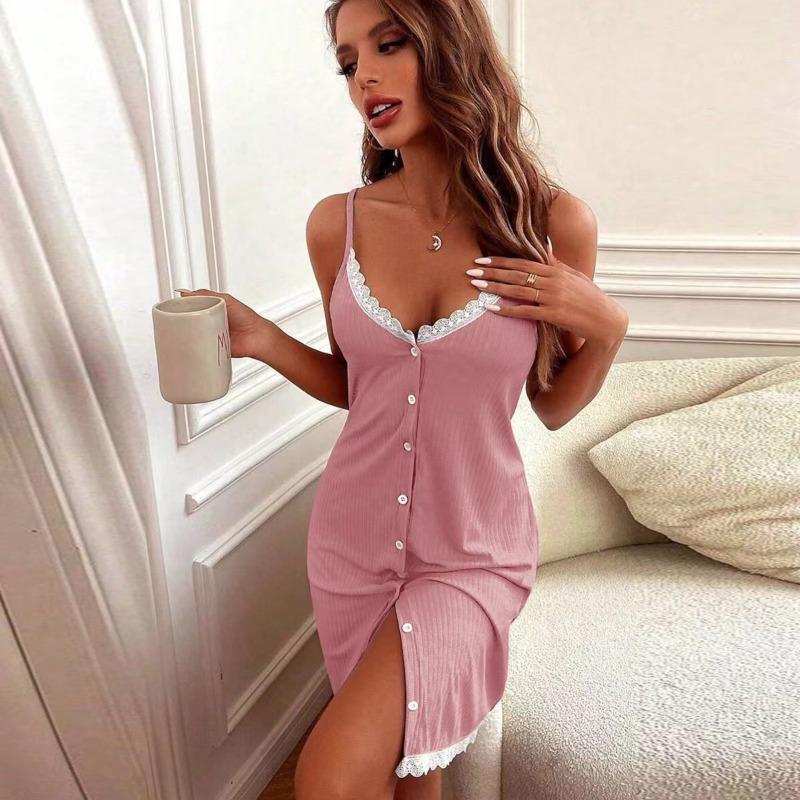 Cămăși de noapte pentru femei, Dantelă, Nasturi, Rochii sexy halter, Sub, Confortabil, Casual, Poate fi purtat afară, Cămașă de noapte, Haine de casă