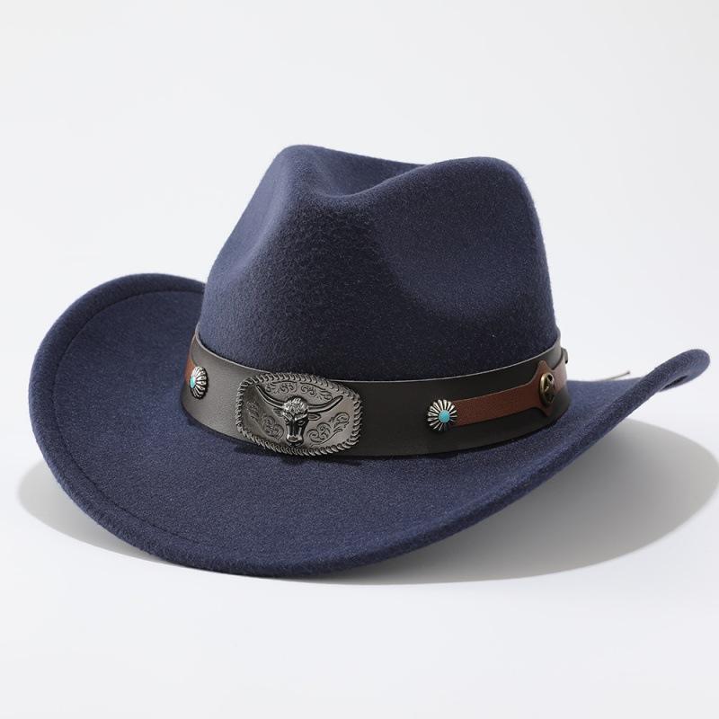 Western New Belt Minority Style Jazz Hat Men's and Women's Cowboy Hat Big Eaves Hat Woolen Top Hat
