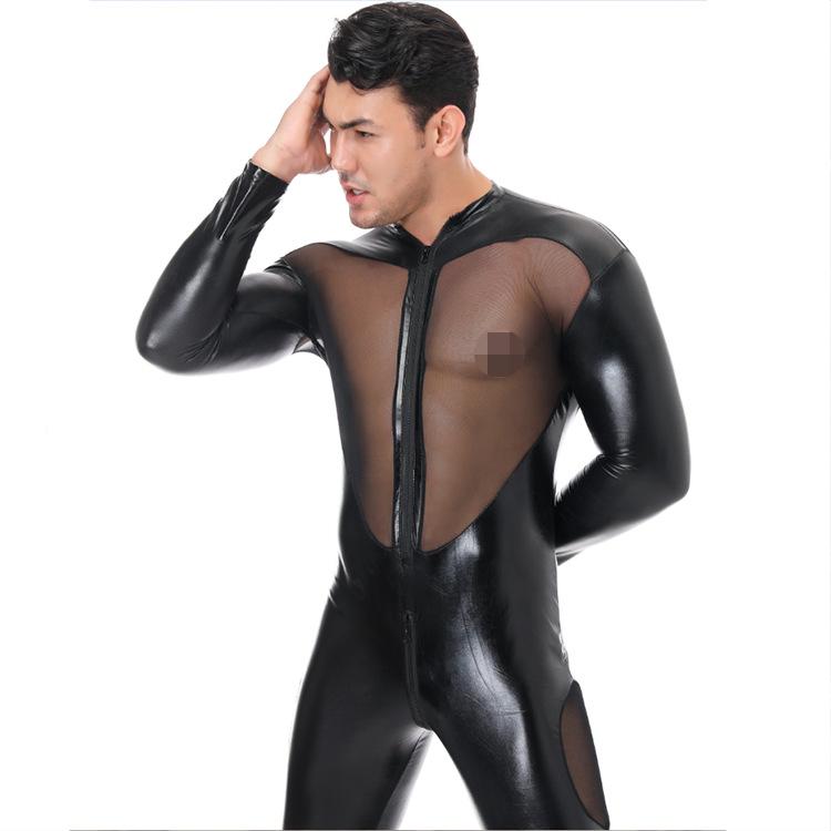 Men's Patent Leather Mesh Patchwork Erotic Bodysuit for Nightclub and Stage Performances