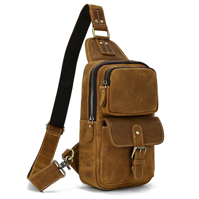 Vintage Crazy Horse Cowhide Leather Mens Chest Bag Retro Sports Casual Crossbody Sling Shoulder Bag Lightweight Outdoor Daily Bag for Men