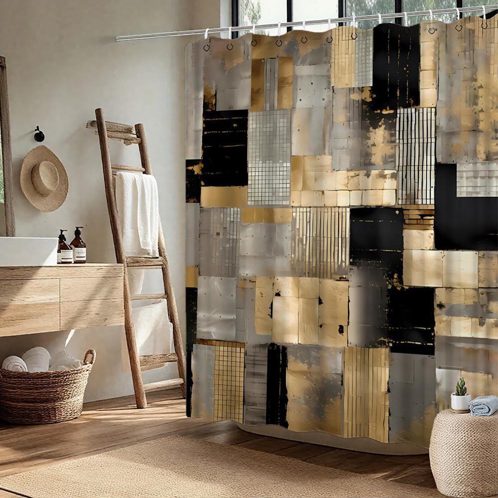 

Abstract Patchwork Shower Curtain Gold Black Gray Artistic Design Waterproof Fabric Modern Boho Bathroom Decor W60H190(CM)-1 Pcs