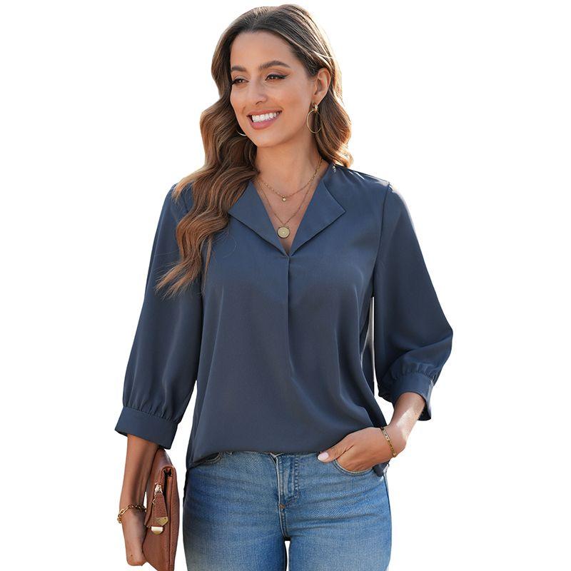 Fashion Pure Color Minimalist Loose Pullover Tops Women's 2025 Spring New Arrival Commuter's All-Matching V Neck Chiffon Shirt Women