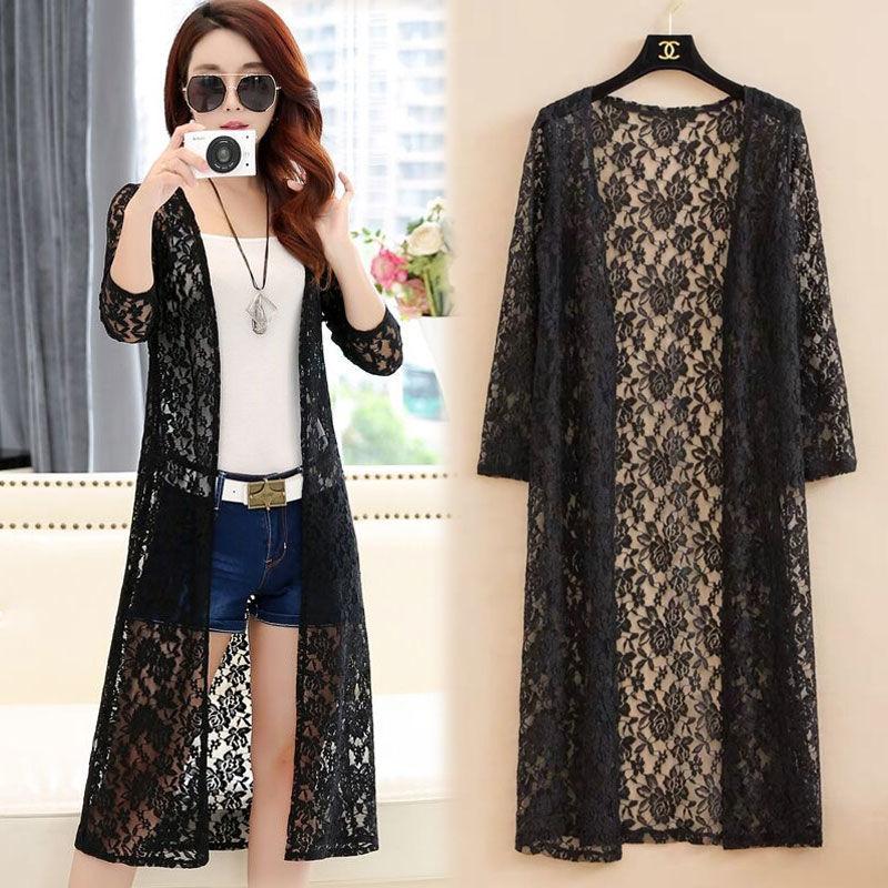 Sommer Damen Spitzen-Strickjacke Sonnenschutzjacke Langarm Plus Size Mittellange dünne Außenschaljacke