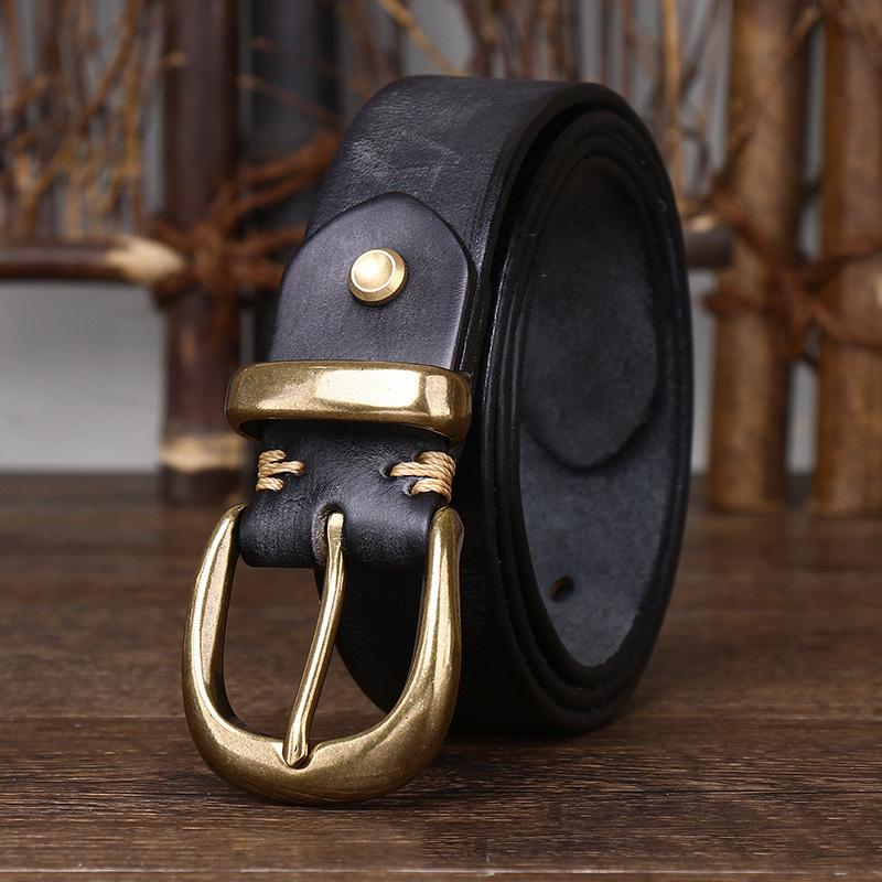 Unisex 3.3cm Men and Women Real Genuine Leather Vintage Belt Female Luxury Copper Buckle Belt Male High Quality Jeans Strap